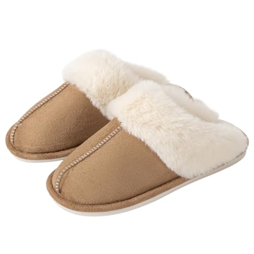 Csfry Women's Slippers Fuzzy Warm Comfy Faux Fur Slip-on Fluffy Fashion Bedroom House Shoes Brown US11-12