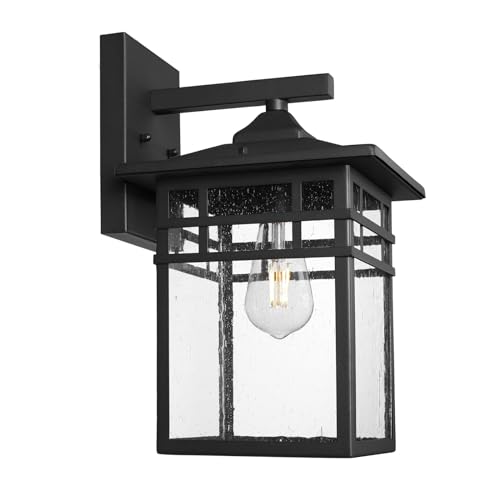 Image of Outdoor Light Fixture Wall Mount, Black Exterior Light Fixture Wall Sconces with Seeded Glass for Front Porch, 9 Inch Large Waterproof Outdoor Square Wall Lantern Outside for House Doorway