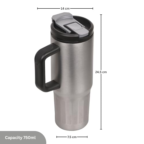 Image of FLAIR Vogue Vacuum Insulated Stainless Steel 750 ml Tumbler with Handle | 2-in-1 Lid with Flip Straw & Sip Spout -Grey | Hot & Cold Beverage Mug | Leak Resistant