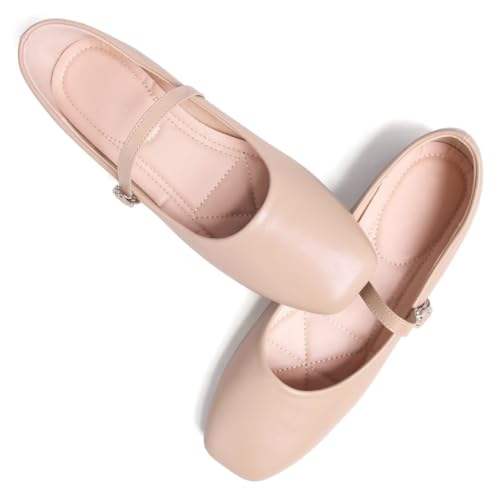 Stunner Ballet Flats for Women Women's Mary Jane Shoes Square Toe Casual Flats Comfortable Ankle Strap Flat Shoes Apricot 40(7.5) 23