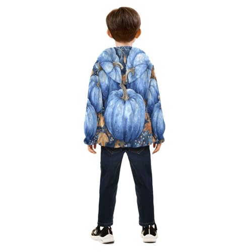 Blue Pumpkins with Autumn Leaves Toddler Fleece Jacket Girl Boys Hooded Fleece Jacket Coat Warm Outwear Zip-up 3-10T4
