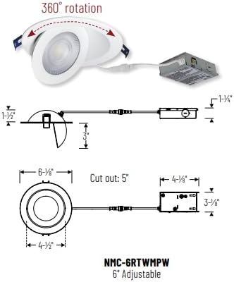Nora NMC-6RTWMPW M-Curve 6-inch Downlight Dimensions and Installation Diagram