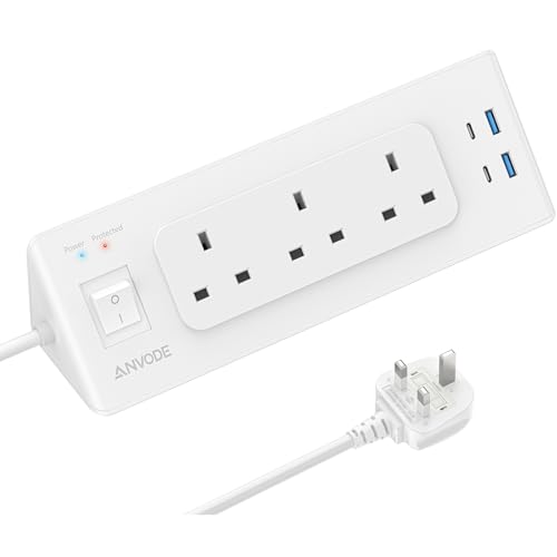 Extension Lead with 4 USB (2 USB C) ANVODE 3 Way Plug Extension Power Board with Switch Multi Extension Socket Surge Protection with 2M Extender Cable for Home Office Dorm White