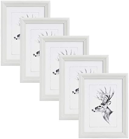 WOLTU Ramka na zdjęcia 13 x 18 cm, zestaw 5 ramek na zdjęcia, drewniane ramki z passe-partout, do zawieszenia w pionie lub poziomie, dekoracja ścienna, srebrna
