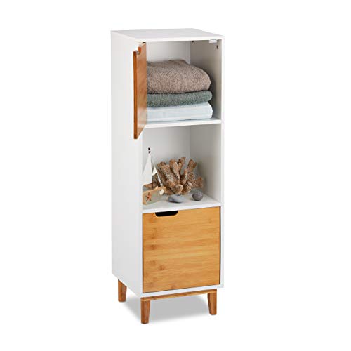 Relaxdays Estantería, Librería con Puerta, Estilo escandinavo, MDF y bambú, Blanco, 101x32x30 cm