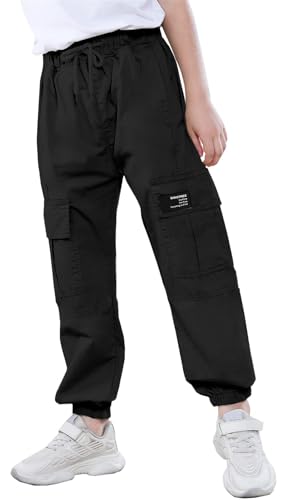 SANGTREE Boy Jogger Pants, Drawstring Elastic Waist Pull On Cargo Casual Pants Trousers with Pockets for Boys, Black, S4