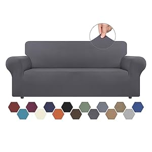 Stretch Couch Covers for 3 Cushion Couch Sofa Spandex Non-Slip Soft Couch Sofa Cover Slipcovers,Furniture Protector with Non Skid Foam and Elastic Bottom for Kids,Dogs(Large, Dark Grey)