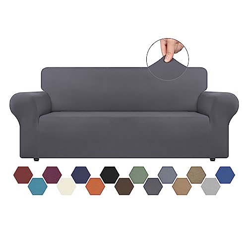 Stretch Couch Covers for 3 Cushion Couch Sofa Spandex Non-Slip Soft Couch Sofa Cover Slipcovers,Furniture Protector with Non Skid Foam and Elastic Bottom for Kids,Dogs(Large, Dark Grey)