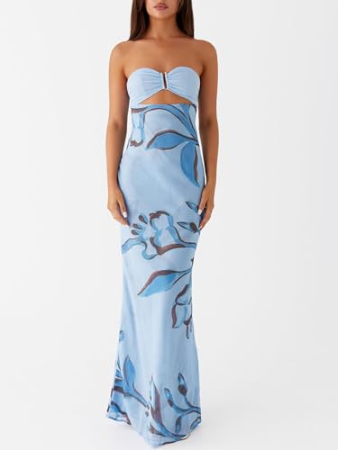 Image of Women Y2k Strapless Maxi Dress Floral Print Tube Long Dress Boho Beach Sundress Going Out Streetwear
