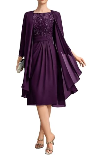 2 Piece Mother of The Bride Dresses for Wedding Chiffon Lace 3/4 Sleeves Tea Length Formal Evening Gowns