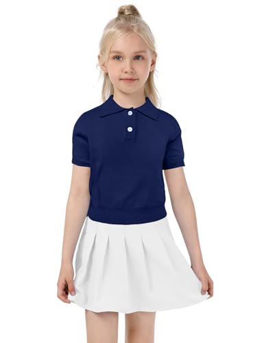 Image of Girls Short Sleeve Polo Shirt V Neck Button Down Shirts Summer Knit School Uniform Crop Tops
