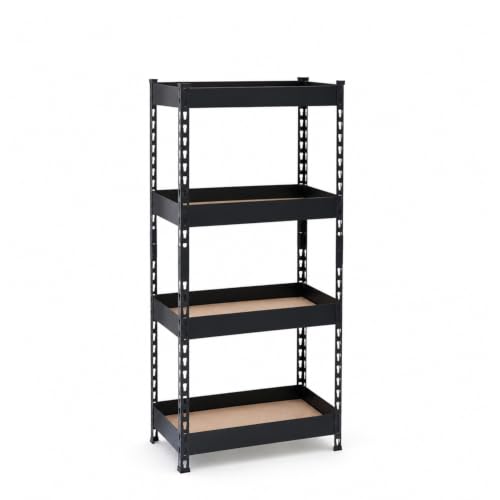 Image of Bonkaso 4 Tier Adjustable Boltless Metal Storage Rack for Home, Garage, Office & Shop | Heavy Duty Rust-Resistant Shelving Unit with MDF Wooden Shelves | Utility Display Stand, Black, (60x36x109 cm)