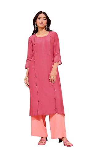 Image of Taneira Women Viscose Embroidered Pink Kurta for Women (KUAM43XPM-Pink-M)