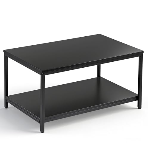 SUPER DEAL 2-Tier Industrial Coffee Table with Storage Shelf for Small Apartment Living Room, Rectangle Wood and Stable Metal TV Stand Side End Table, Black