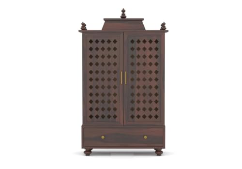 Image of Solid Sheesham Wood Temple for Home & Office /Mandir /God Stand /Pooja Stand /Home Mandap /Mandapam with Cabinet Doors & Multiple Storage (Walnut-1, Large)