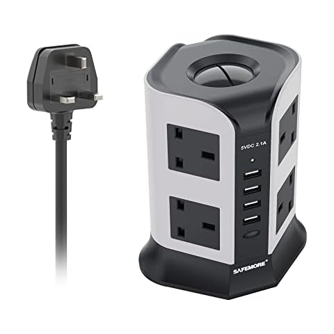 Tower Extension Lead SAFEMORE 8 Gang Surge Protection with 4 USB Ports (5V, 2.1A) Multi Plug Charging Station Vertical Power Strips 2M Extension Cord with Safety Door & Overload Protector Cover