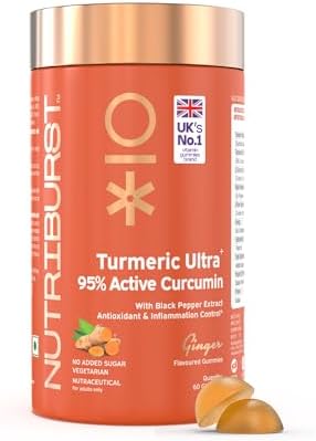 Nutriburst Turmeric Ultra Gummies with 95% Active Curcumin & Black Pepper | Anti-Inflammatory & Antioxidant | No-Added Sugar | Ginger Flavor | 100% Vegetarian | 60 Gummy