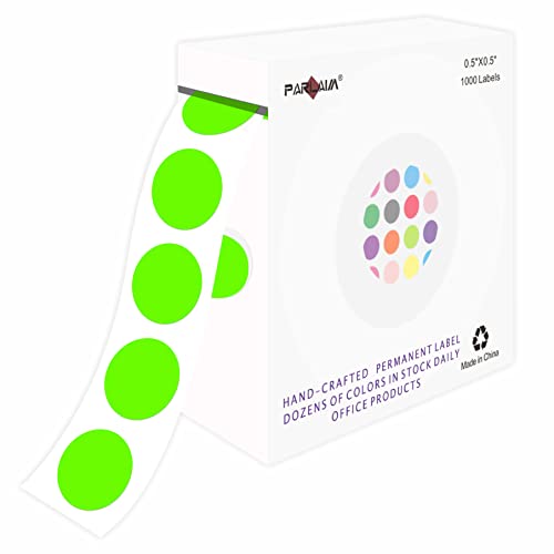 PARLAIM 1000pcs 1/2 Inch Fluorescent Green Round Color Codding Labels on a Roll, Permanent Circle Dot Stickers in Plastic Dispenser Box, 0.5 inch Diam