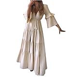Flowy Long Dresses for Women Layered Long Sleeve Casual V Neck Party Dresses Drawstring V Neck Tiered Long Maxi Dress Khaki