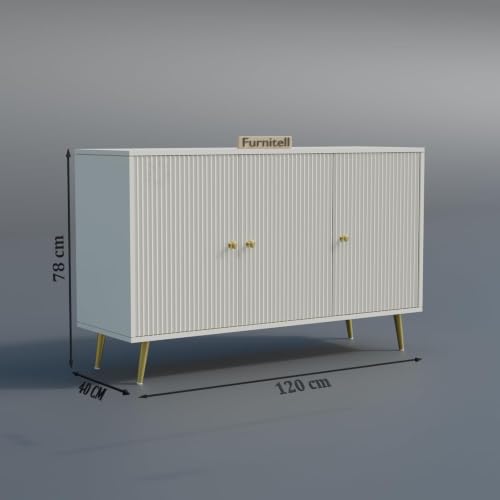 Image of Wooden Storage Cabinet for Living Room & Bedroom | Fluted Design Sideboard with 3 Doors | Multipurpose Organizer for Entryway | HDMR Premium Wood | Gold Metal Legs | White