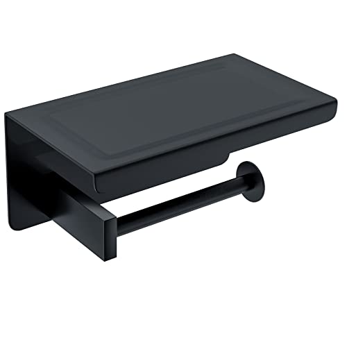 Toilet Paper Holder With Shelf, Two Installation Of Wall Mounted With Adhesive And Screws Toilet Paper Roll Holder, Bathroom Washroom 304 Stainless Steel Toilet Roll Holder With Shelf - Matte Black #TOP1