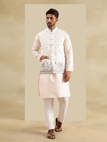 Image of SOJANYA Men's Silk Blend Pink Kurta & White Pyjama With Daman Embroidered Nehru Jacket