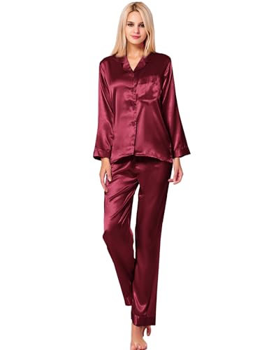Image of SWOMOG Long Sleeve Pajamas Set Silk Satin Sleepwear Button Down Pjs Loungewear with Pocket