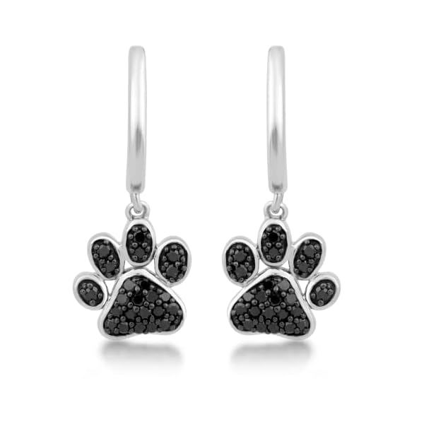 Jewelili Sterling Silver 3/8 Cttw Treated Black Round Diamonds Dog Paw Dangle Earrings