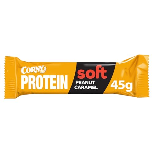 Corny Protein Soft - Barrita Proteica de Chocolate y Cacahuetes Sabor Caramelo 45g, 30% Proteinas, 0% Azúcares Añadidos, Ayuda al Desarrollo y Recuperación de Masa Muscular, Taste the Power