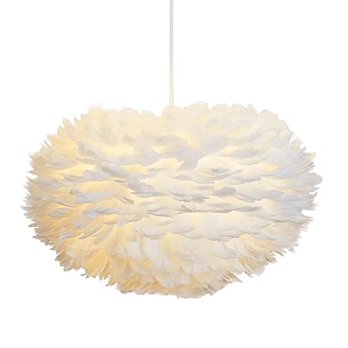 40CM / 15.9' Blanc Plume Pendentif Lumière Tissé À La Main Plume Abat-Jour Suspension Lampe Luminaire Plafonnier Plume Lustre pour Salon, Chambre