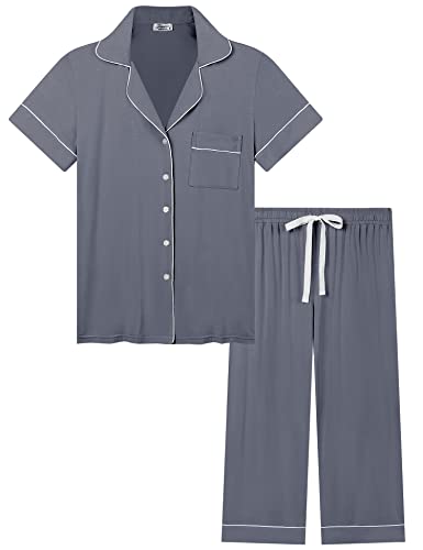 Image of Joyaria Women Bamboo Viscose Capri Pajamas Set Cooling Button Down Pjs Short Sleeve Sleepwear Soft Loungewear S-XXL