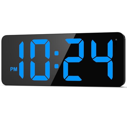 LED Digital Wall Clock with Large Display, Big Digits, Auto-Brightness, 12/24Hr Format, Modern Electric Small Silent Wall Clock for Living Room, Bedroom, Classroom, Farmhouse, Kitchen, Office - Blue