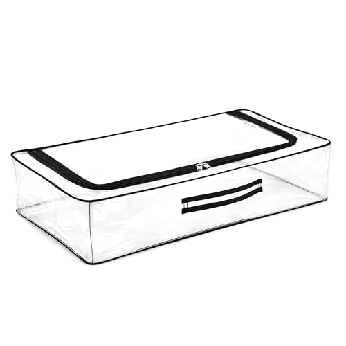 Image of Storite Medium PVC Underbed Storage Bag with Handles, Clear Window & Zipper Lock | Space Saving /Foldable /Rectangular Quilt, Comforter, Blankets,Clothes Storage Bag -Transparent (58x33x15 cm)