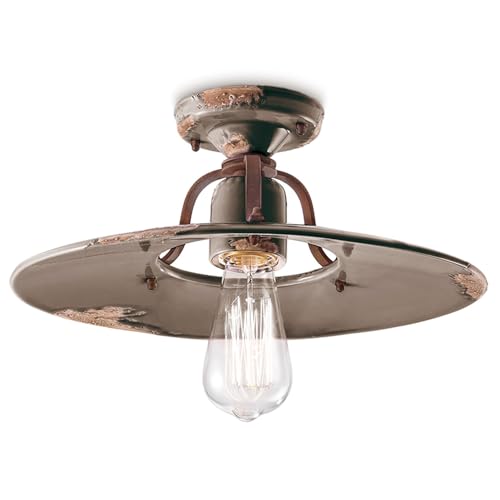 Plafonnier vintage Country en fer forgé et céramique artisanale taupe D40