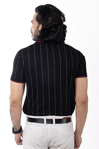 Image of Men's Polo T- Shirts Collar Neck Half Sleeves, Regular Fit, Cotton Mercerized Collection with All Over Vertical Printed Stripes /Comfortable and Soft