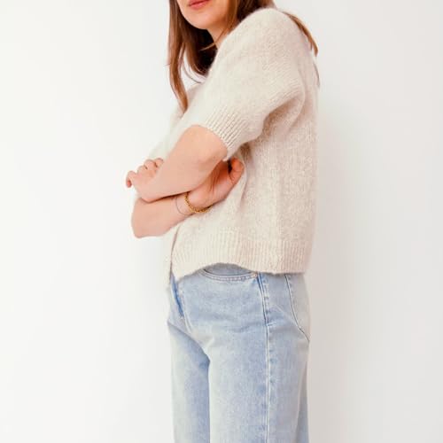 Image of Womens Button Up Short Sleeve Cardigans Sweater Cropped Lightweight Round Neck Elegant Knit Tops with Pockets
