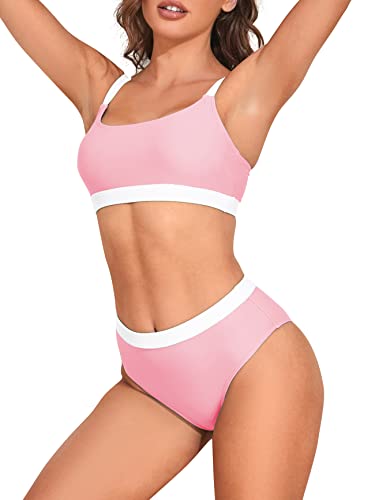 Image of American Trends Women High Waisted Cute Bikini Set Neon Bikini Two Piece Teen Swimsuit 2 Piece Bathing Suits Color Block