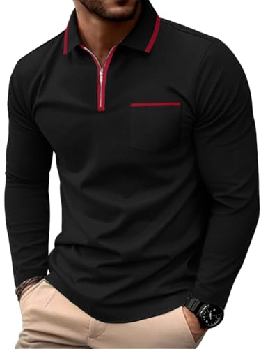 PrinStory Polo à manches longues pour homme avec fermeture éclair 1/4 - En coton - Style décontracté - Avec poches, Noir , L