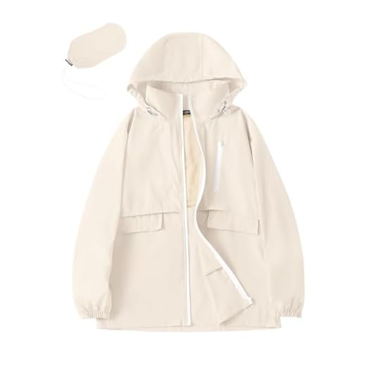 Avoogue Windbreaker Women Waterproof Rain Jackets Lightweight Active Outdoor Climbing Hooded Raincoat (Beige, L)