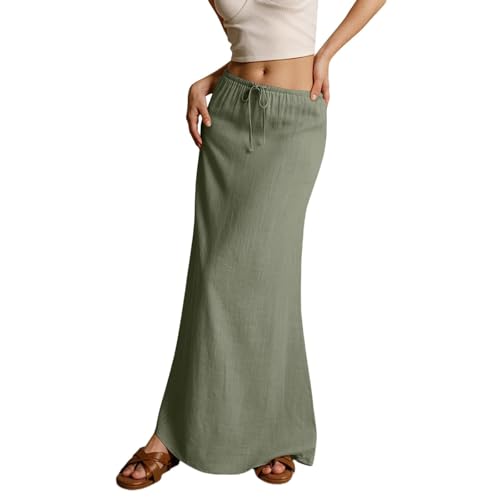 Womens Linen Maxi Skirts Drawstring Waist Line Skirts Flowy Vacation Boho Long Skirts,Low Rise Casual Slim a Line Skirt
