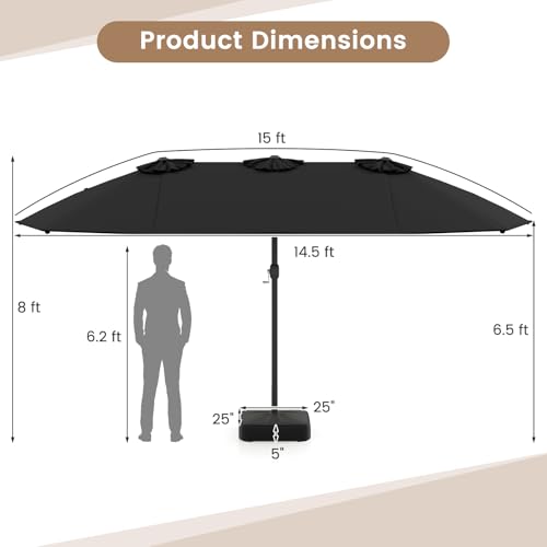 Image of Tangkula 15FT Double-Sided Patio Umbrella with Base, Extra-Large Market Umbrella W /Crank System, Outdoor Twin Umbrella W / 12-Rib Metal Structure & Air Vents for Garden, Backyard, Poolside