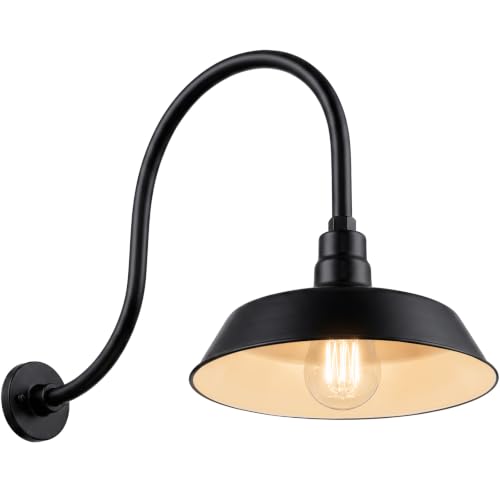 Image of 14in. Satin Black Outdoor Gooseneck Barn Light Fixture With 24in. Long Extension Arm - Wall Sconce Farmhouse, Vintage, Antique Style - UL Listed - 9W 900lm A19 LED Bulb (5000K Cool White)