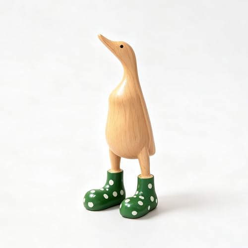 AILIMIAO Wooden Duck with Spotted Wellies Boots Garden Sculpture Ornament Natural Wood Grain with Green Boots 11cm