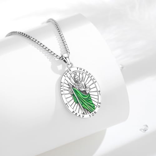 INFUSEU Unique St Jude Necklace for Women Men Green Enamel Saint Jude Pendant St. Jude Medal 925 Sterling Silver Medalla De San Judas Tadeo Jewelry Catholic Medallions Christian Religious Gifts2
