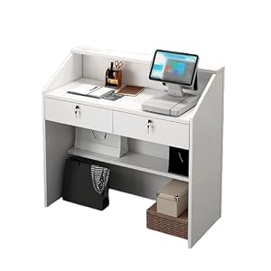 BOHOMEレジ、受付カウンター、小型カウンター、鍵付き引き出し2個、耐摩耗性、防水性、清掃が簡単、組み立て簡単。会社の受付、美容院、コンビニエンスストア、衣料品店などに最適（ホワイト、80cm）。 (ホワイト,80cm) [並行輸入品]