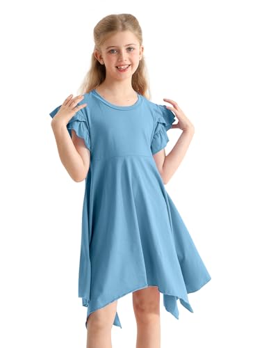 Girls Casual Dresses Summer Crew Neck Double Layer Ruffle Sleeve Cute High Low Swing Knee Wear for 4-13 Years2