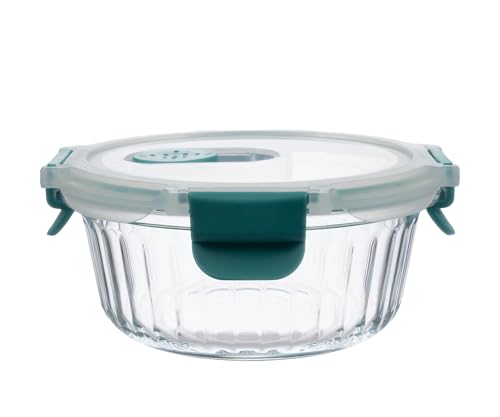 Image of STEGL 650ml Round Glass Food Storage Container with Vented Cool Lock Lid | Airtight Meal Prep Box with Anti-Drop Slip-Vent | Microwave & Fridge Safe Kitchen Container with Striped Design