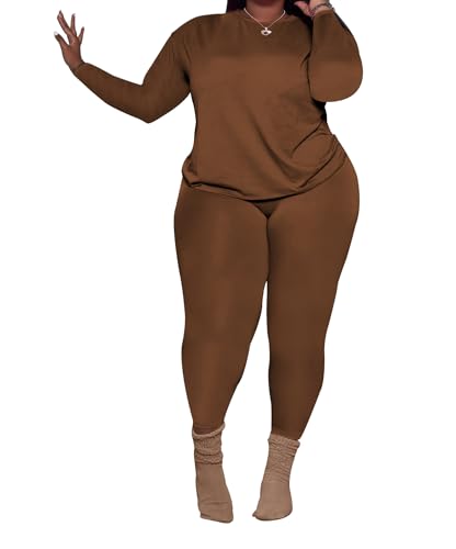 PINSV Women's Plus Size 2 Piece Outfits Tracksuits Long Sleeve Top Pants Sets Loungewear Sweatsuits Brown 3XL