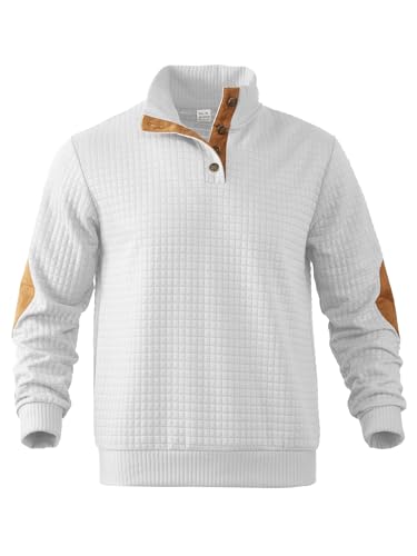 Men's Waffle Knit Long Sleeve Sweatshirt Stand Collar Button Up Pullover Elbow Panel Sweatshirts for Men2