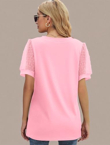 Image of Aokosor Womens Summer Tops V Neck T Shirts Swiss Dot Puff Sleeve Tops Loose Casual Tshirts
